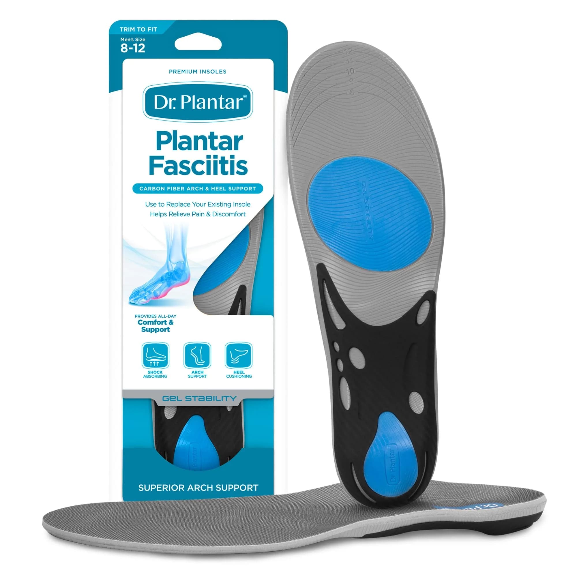 Dr. Plantar Insoles for Men | Arch Support, Heel Cushion, Memory Foam, Gel Stabilizers, Sizes 8-12