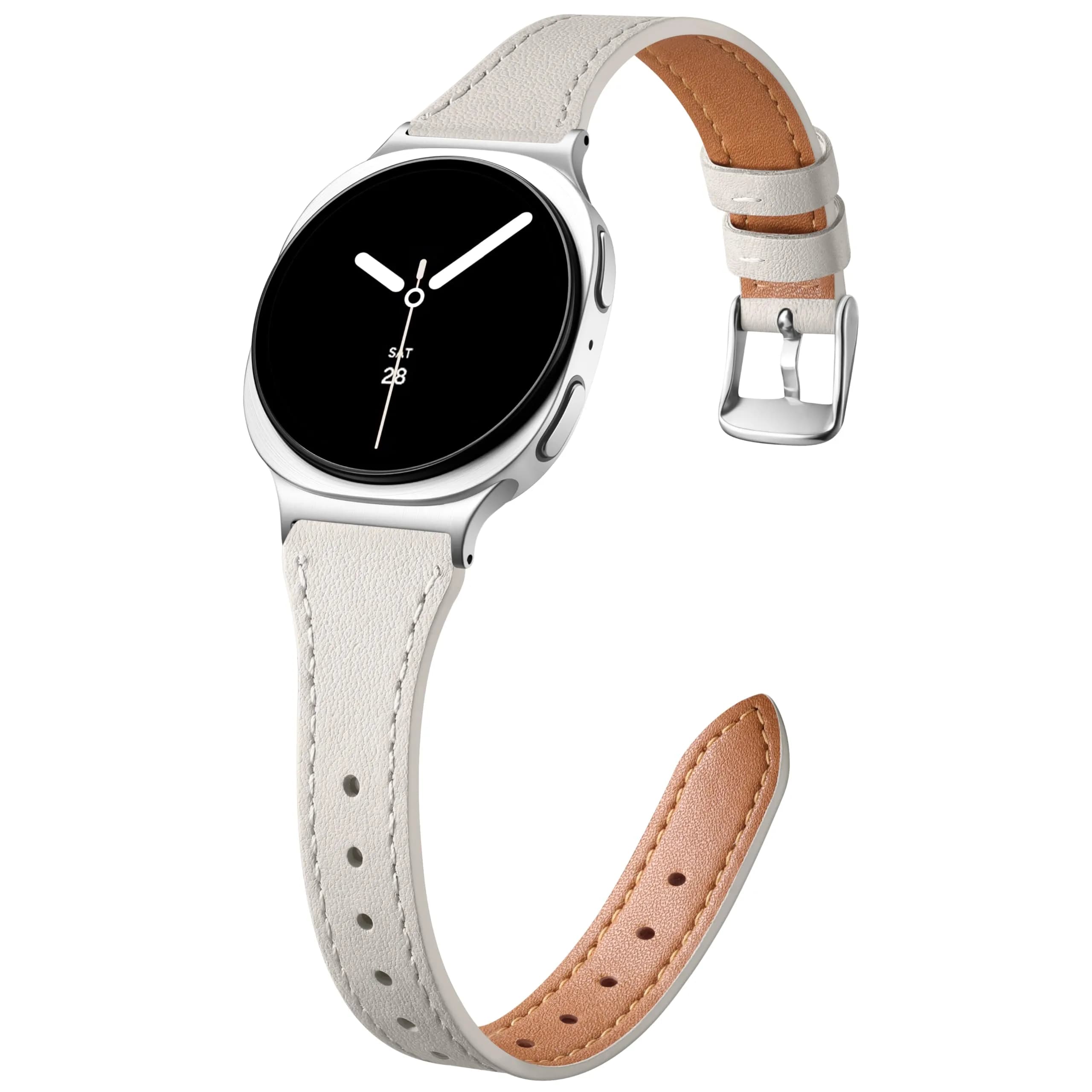 GEAK Slim Leather Band Compatible with Samsung Galaxy Watch 7/6/5/4 40mm 44mm 45mm Classic, 20mm Genuine Leather Strap with Quick Release Buckle for Women — Beige with Silver Buckle