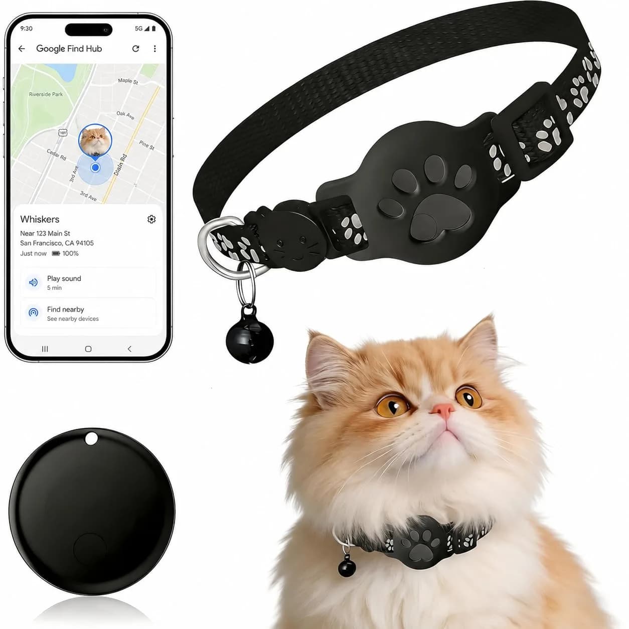 JNLIK GPS Cat Collar Tracker (Android Only) with Google Find My - Waterproof, No Monthly Fee, Black - main product image