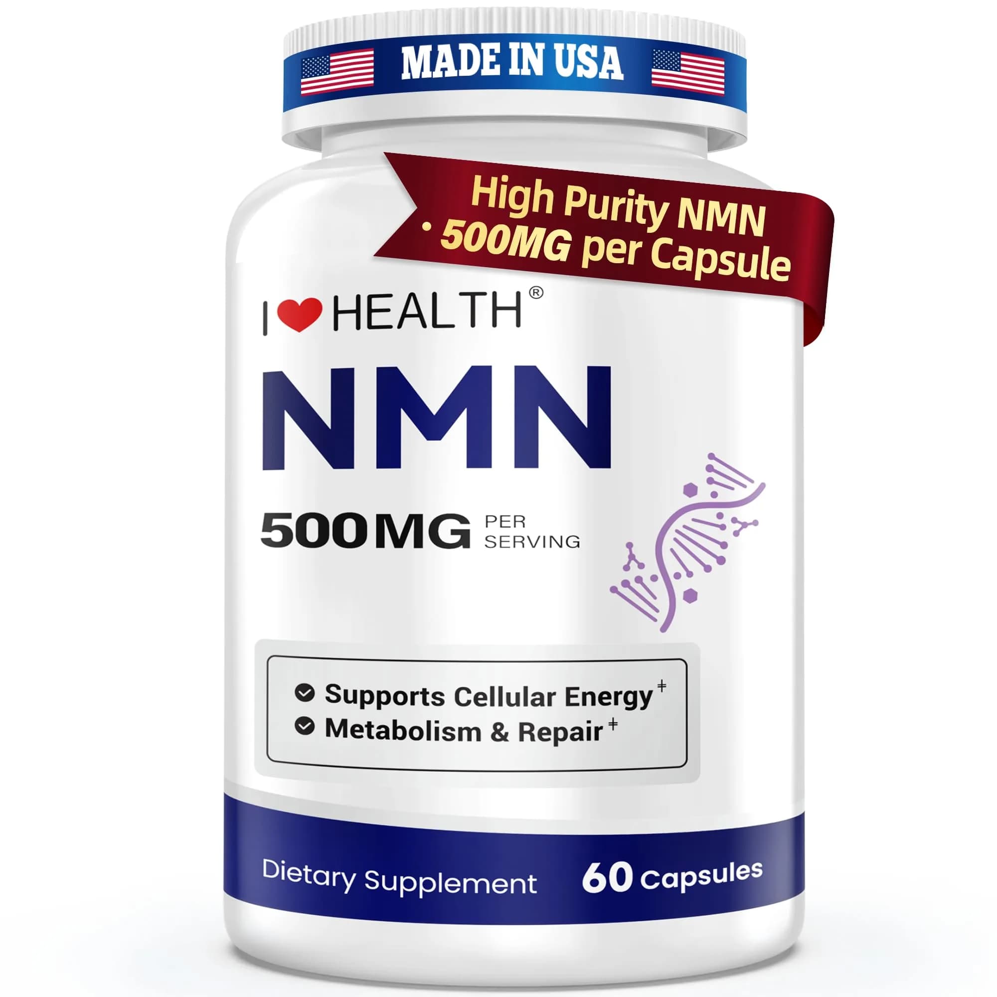 I LOVE HEALTH NMN 500MG Per Capsule – High Purity 99.9% NAD+ Support for Cellular Energy & Aging, 60 Capsules