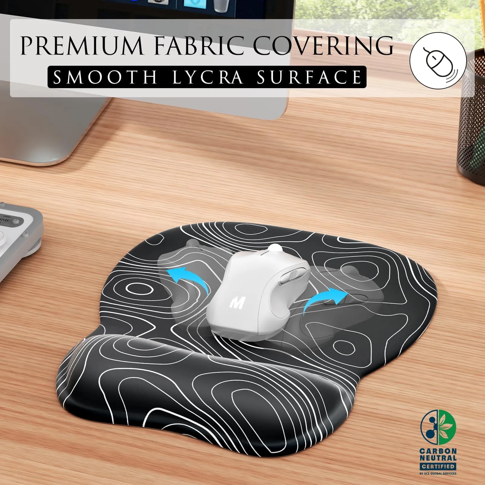 MROCO Ergonomic Gel Wrist Rest Mouse Pad Black Topographic 9.4 x 8.1 in | Smooth Lycra Surface for Precise Control - view 2