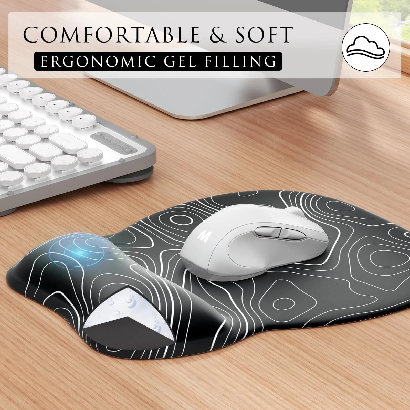 MROCO Ergonomic Gel Wrist Rest Mouse Pad Black Topographic 9.4 x 8.1 in | Smooth Lycra Surface for Precise Control - view 3