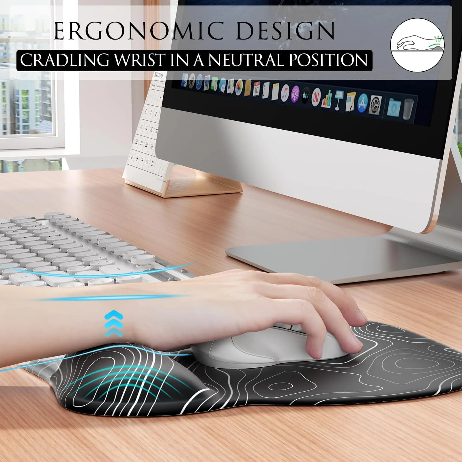 MROCO Ergonomic Gel Wrist Rest Mouse Pad Black Topographic 9.4 x 8.1 in | Smooth Lycra Surface for Precise Control - view 4