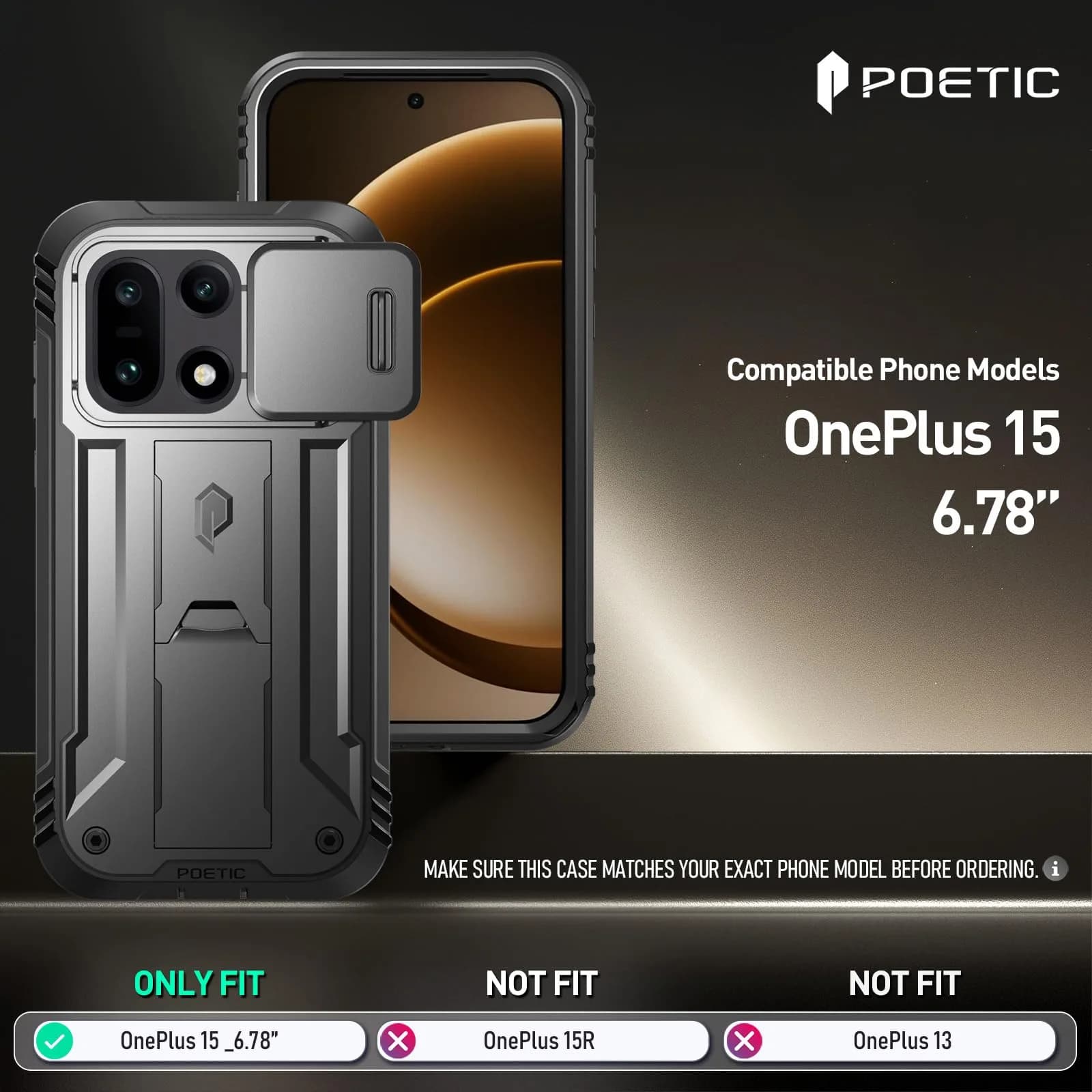 Poetic Revolution Case for OnePlus 15 5G | Black, Full-Body Rugged Dual-Layer Shockproof Case with Kickstand & Slide Camera Cover - view 7