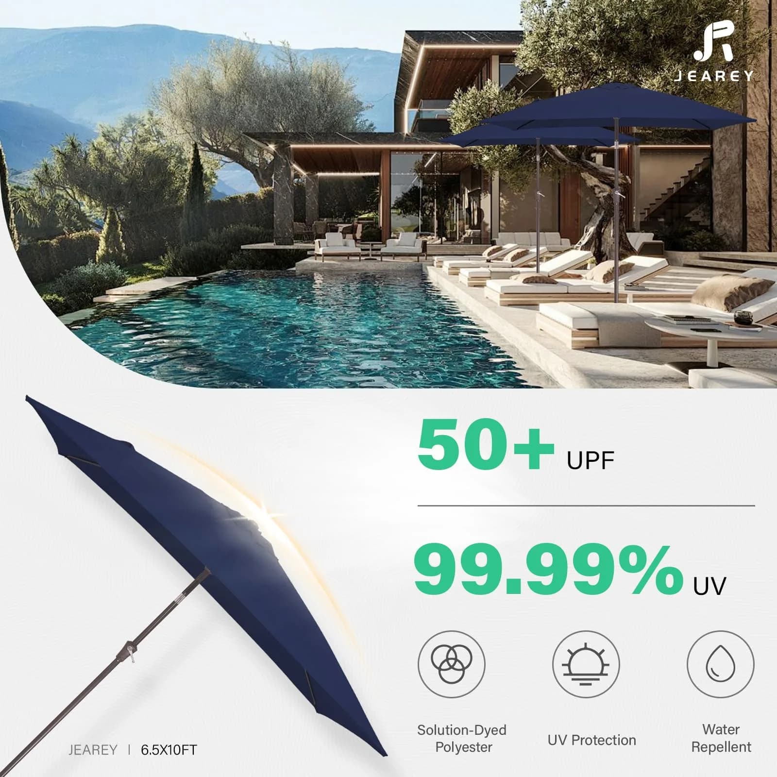 JEAREY 6.5 x 10 ft Rectangular Patio Umbrella w/Crank, Navy | Sun-resistant, Wind Vent, Water-resistant Fabric thumbnail 5