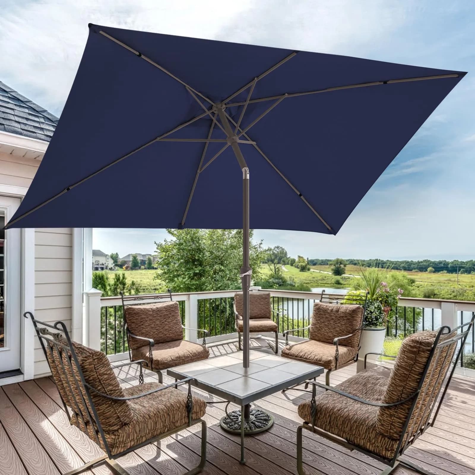 JEAREY 6.5 x 10 ft Rectangular Patio Umbrella w/Crank, Navy | Sun-resistant, Wind Vent, Water-resistant Fabric thumbnail 6