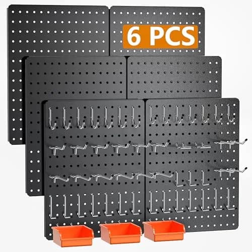 Hogurity Peg Board 112PCS Heavy Duty Metal Pegboard with Hooks | 6 Pack Black Wall Organizer (12"×16") thumbnail 1