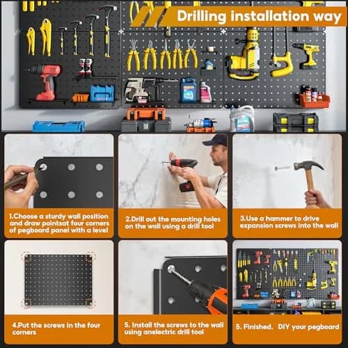 Hogurity Peg Board 112PCS Heavy Duty Metal Pegboard with Hooks | 6 Pack Black Wall Organizer (12"×16") thumbnail 5