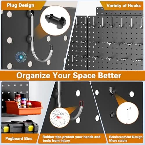 Hogurity Peg Board 112PCS Heavy Duty Metal Pegboard with Hooks | 6 Pack Black Wall Organizer (12"×16") thumbnail 6