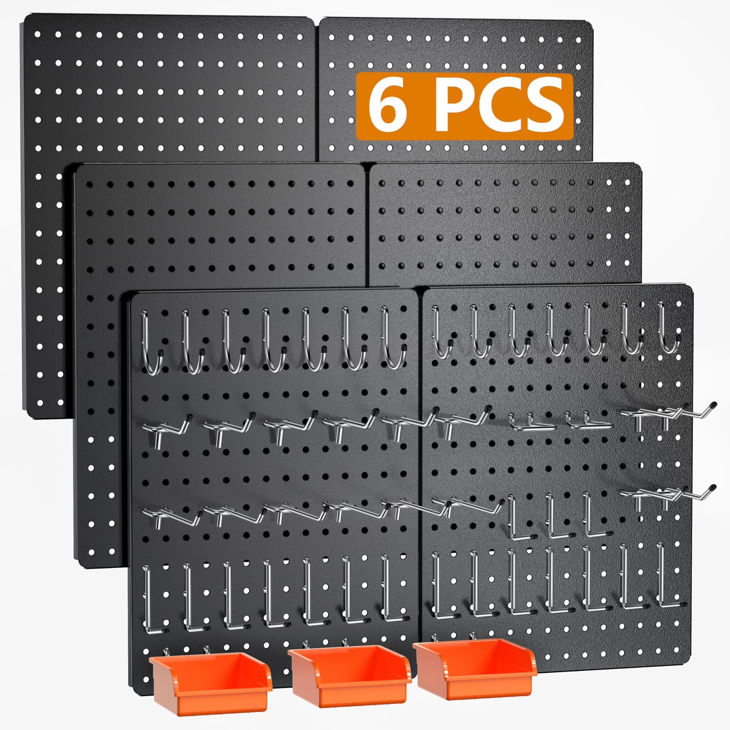 Hogurity Peg Board 112PCS Heavy Duty Metal Pegboard with Hooks | 6 Pack Black Wall Organizer (12"×16")