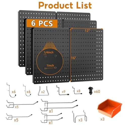 Hogurity Peg Board 112PCS Heavy Duty Metal Pegboard with Hooks | 6 Pack Black Wall Organizer (12"×16") thumbnail 2