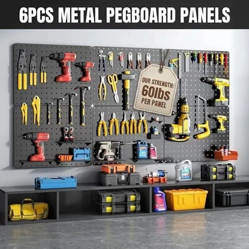 Hogurity Peg Board 112PCS Heavy Duty Metal Pegboard with Hooks | 6 Pack Black Wall Organizer (12"×16") thumbnail 4
