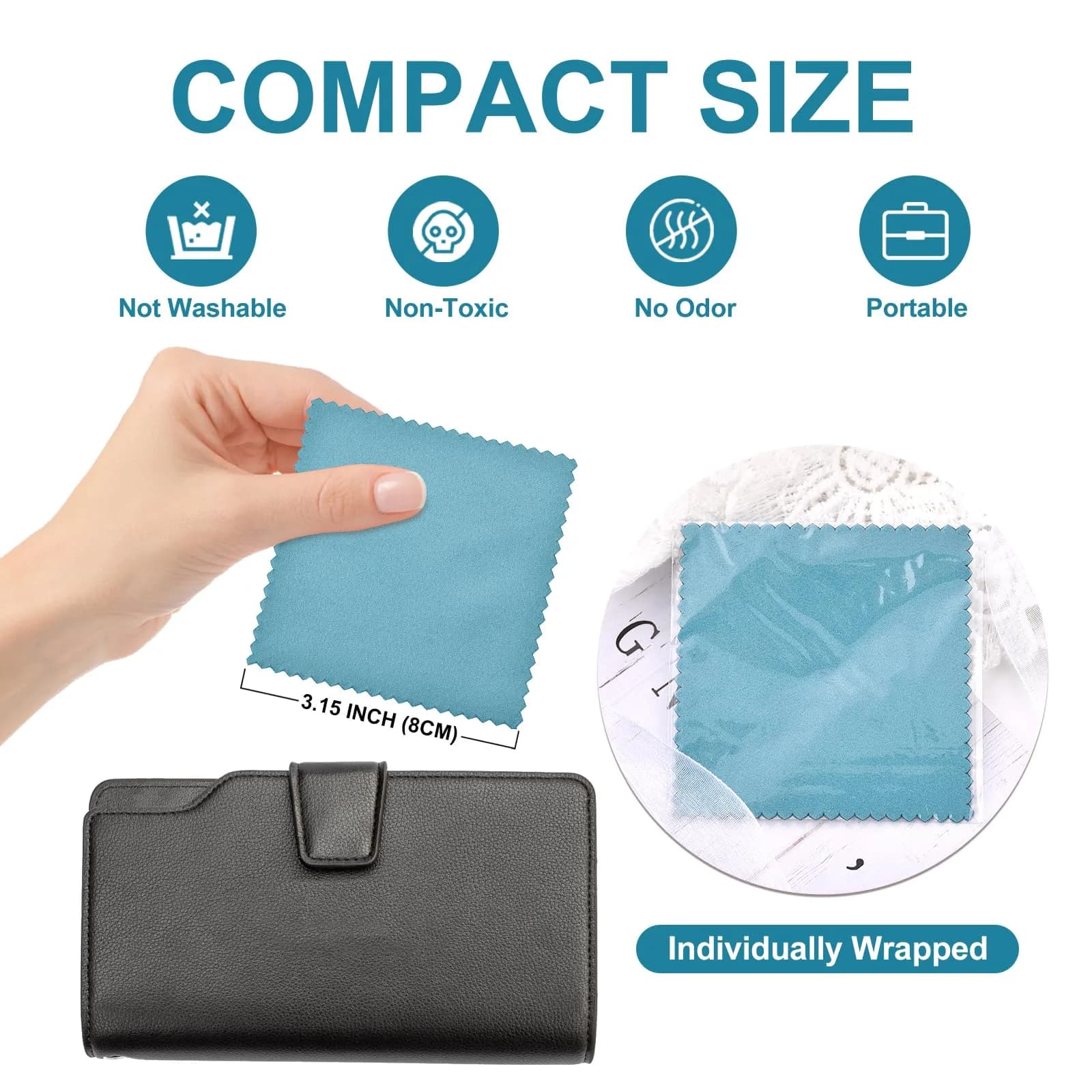 SEVENWELL Blue 100pcs Jewelry Cleaning Cloth 8cm x 8cm | Polishes Sterling Silver, Gold, Platinum - view 3