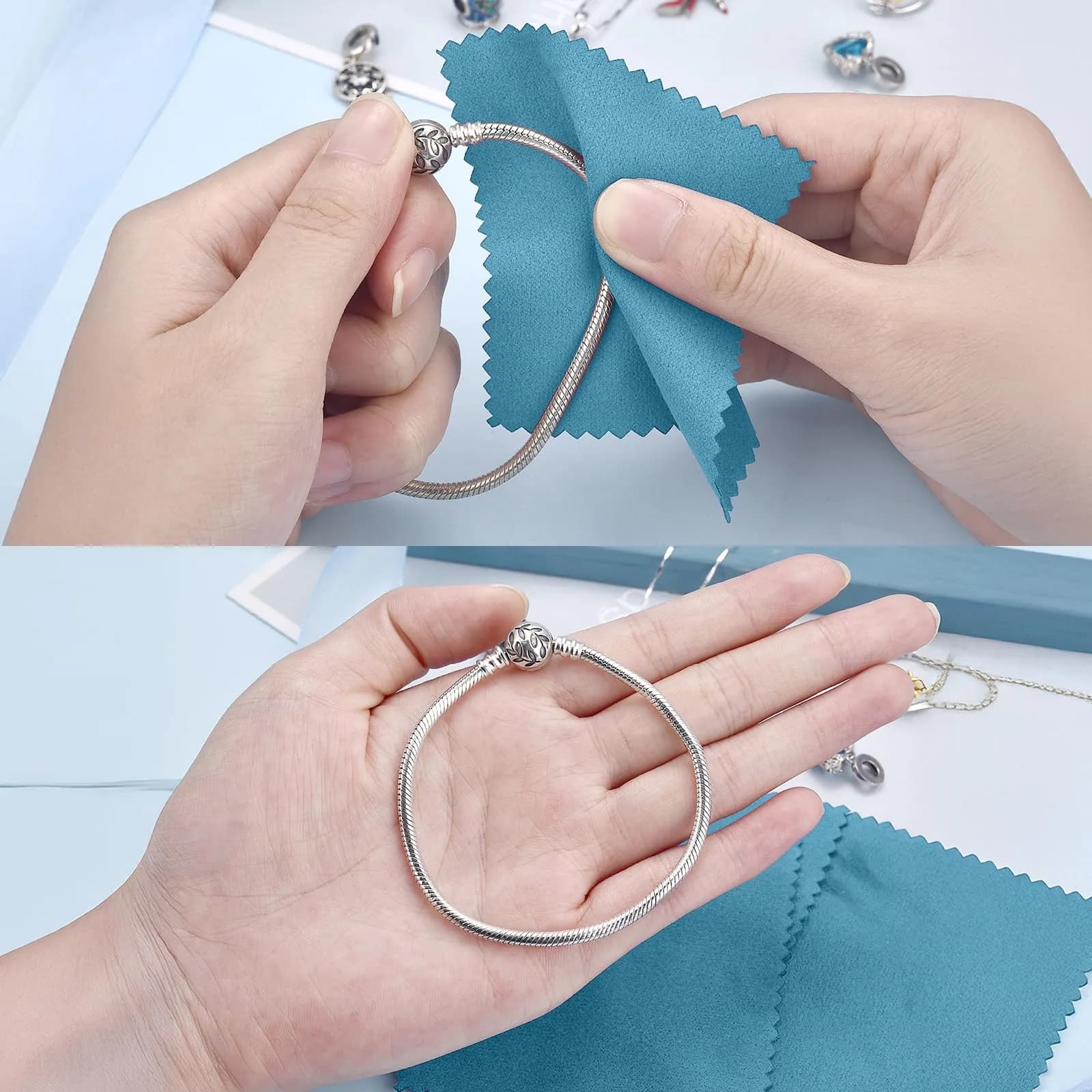 SEVENWELL Blue 100pcs Jewelry Cleaning Cloth 8cm x 8cm | Polishes Sterling Silver, Gold, Platinum - view 4
