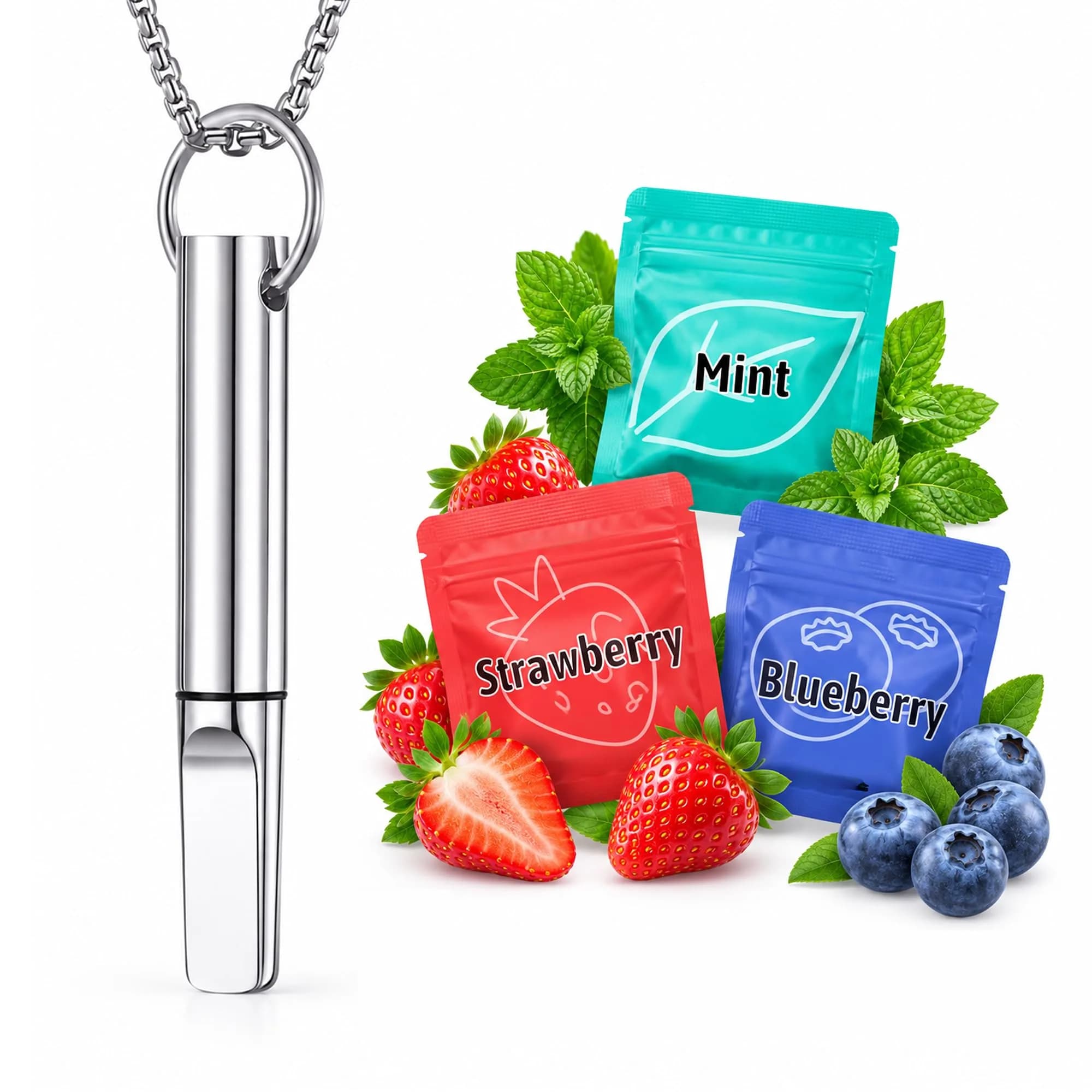 BALSALTA Breathe Necklace, Silver | Mindful Breathing Accessory with 3 Fruit Mint Inserts - main product image