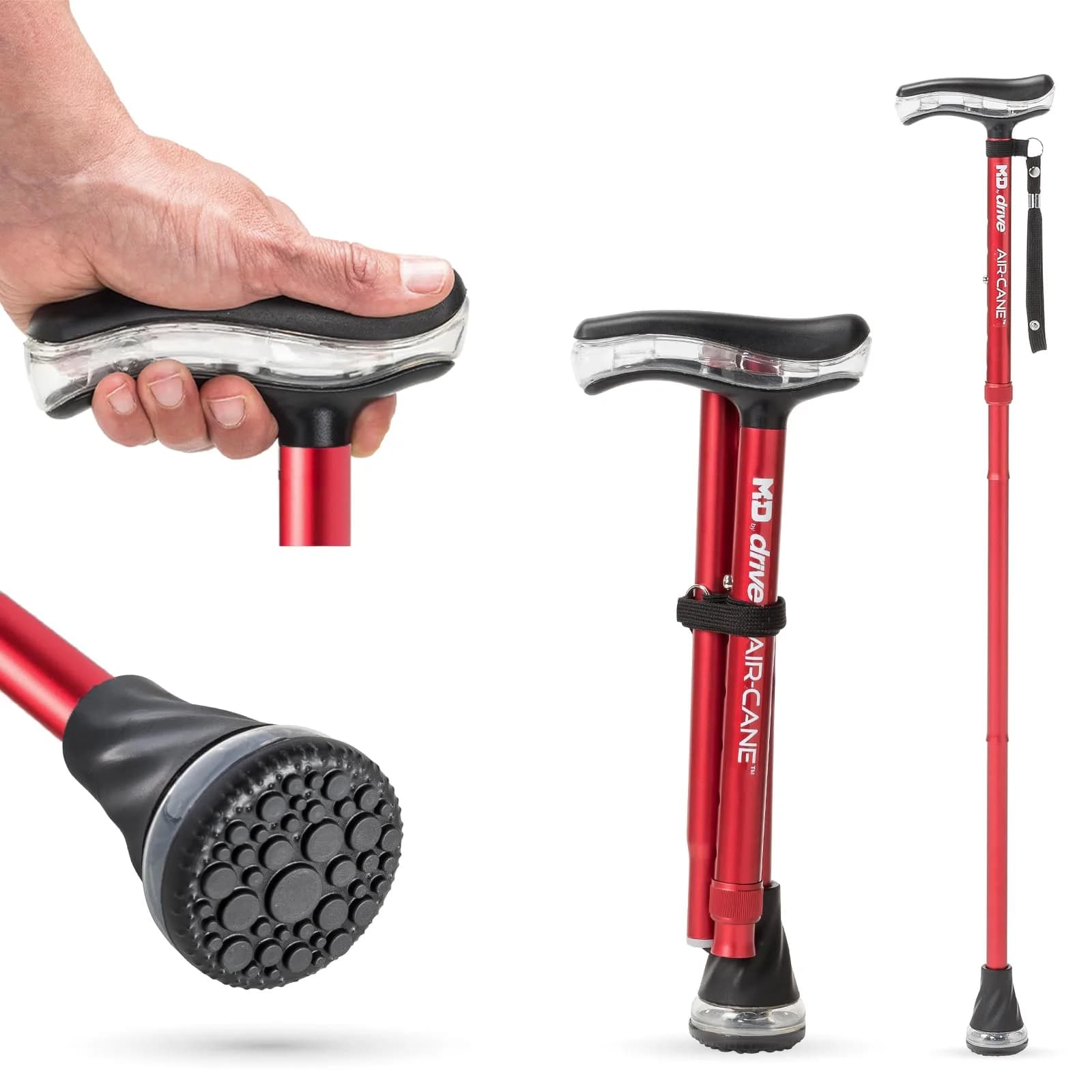 MD by DRIVE Air-Cane Walking Cane for Men & Women, 350-lb Capacity, Red | Foldable, All-Weather, 6 Colors