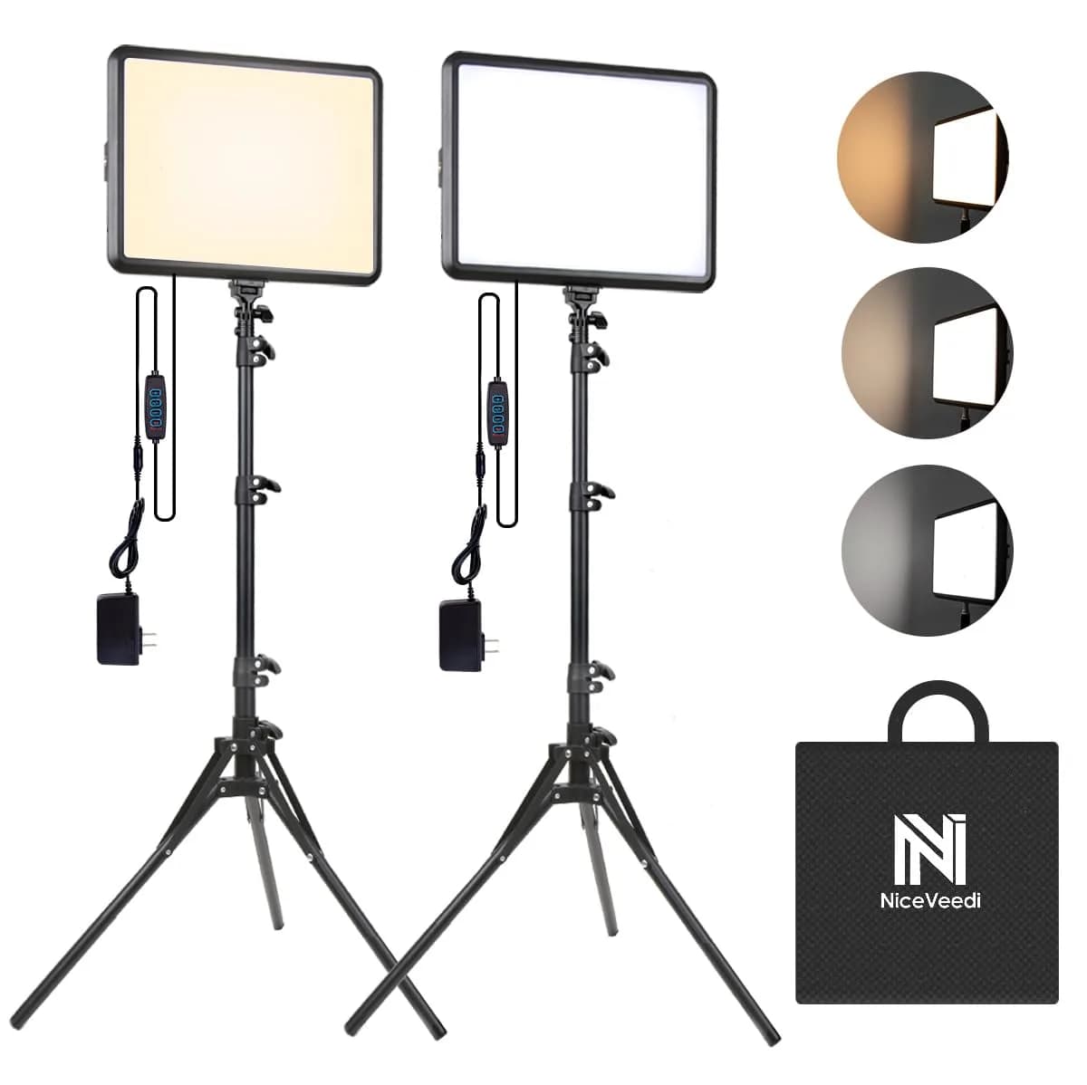 NiceVeedi 2-Pack 25W LED Photography Lighting Kit with Tripod Stands, 73" Studio Video Lights, 2900-7000K Dimmable, 10x8" Panels | Continuous Lighting for Video Recording