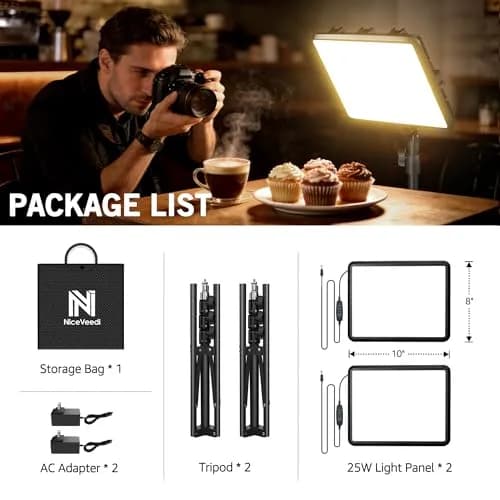 NiceVeedi 2-Pack 25W LED Photography Lighting Kit with Tripod Stands, 73" Studio Video Lights, 2900-7000K Dimmable, 10x8" Panels | Continuous Lighting for Video Recording thumbnail 7
