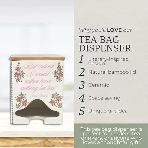 Steel Mill & Co Ceramic Tea Bag Dispenser, Jane Austen Quote | Elegant Kitchen Organizer for Tea Bags thumbnail 7