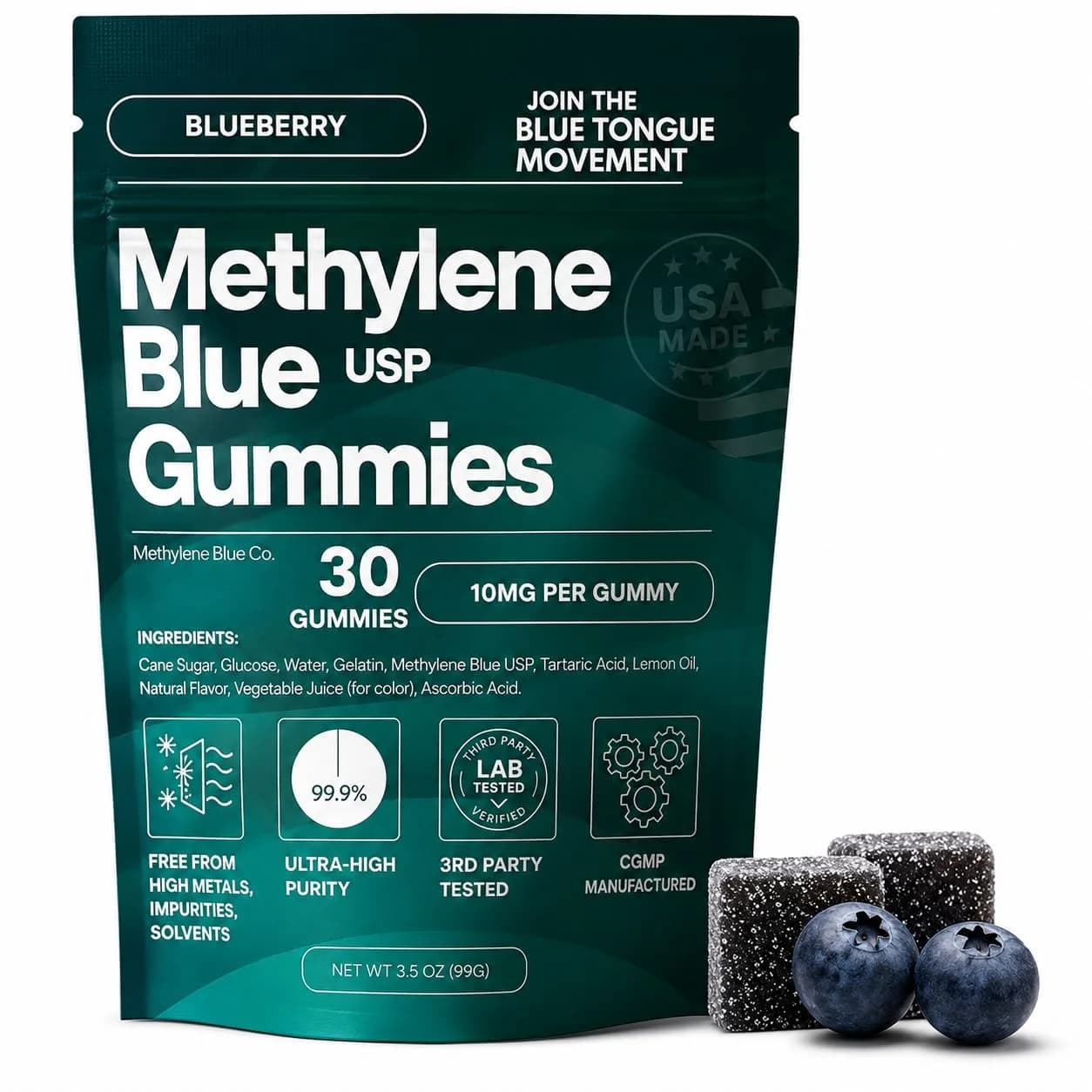 METHYLENE BLUE CO Methylene Blue Gummies 10mg Blueberry Flavor | USP Grade 30 Count