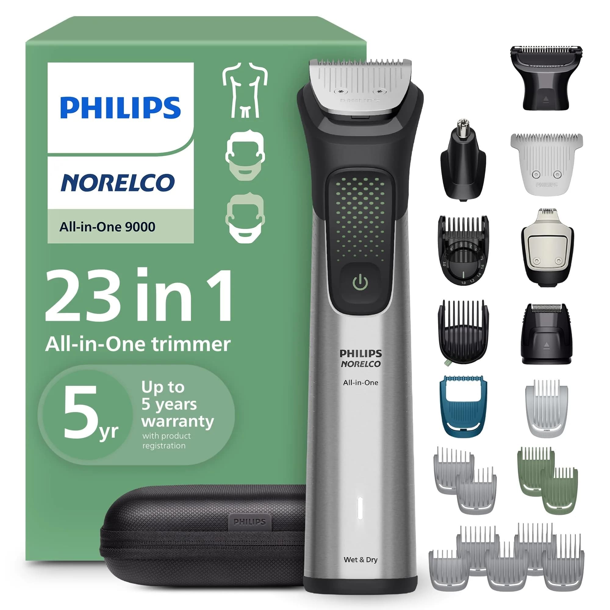 Philips Norelco All-in-One 9000 Series Trimmer MG9575/49 | 23-in-1 Face, Hair & Body Grooming, Steel Blades, 6-Hr Runtime - main product image