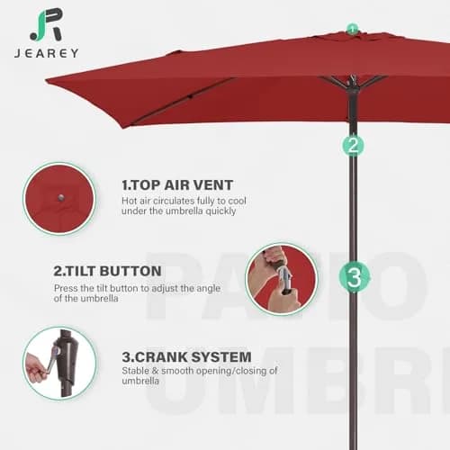 JEAREY 6.5 x 10 ft Rectangular Patio Umbrella w/Crank, Red | Wind Vent & Water Resistant thumbnail 7