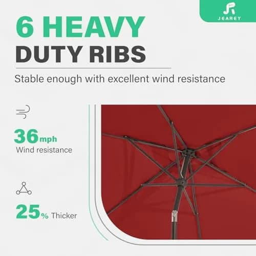 JEAREY 6.5 x 10 ft Rectangular Patio Umbrella w/Crank, Red | Wind Vent & Water Resistant thumbnail 9
