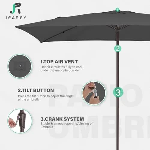 JEAREY 6.5 x 10 ft Rectangular Patio Umbrella w/Crank, Gray | Sun-Resistant Water-Resistant Support thumbnail 7