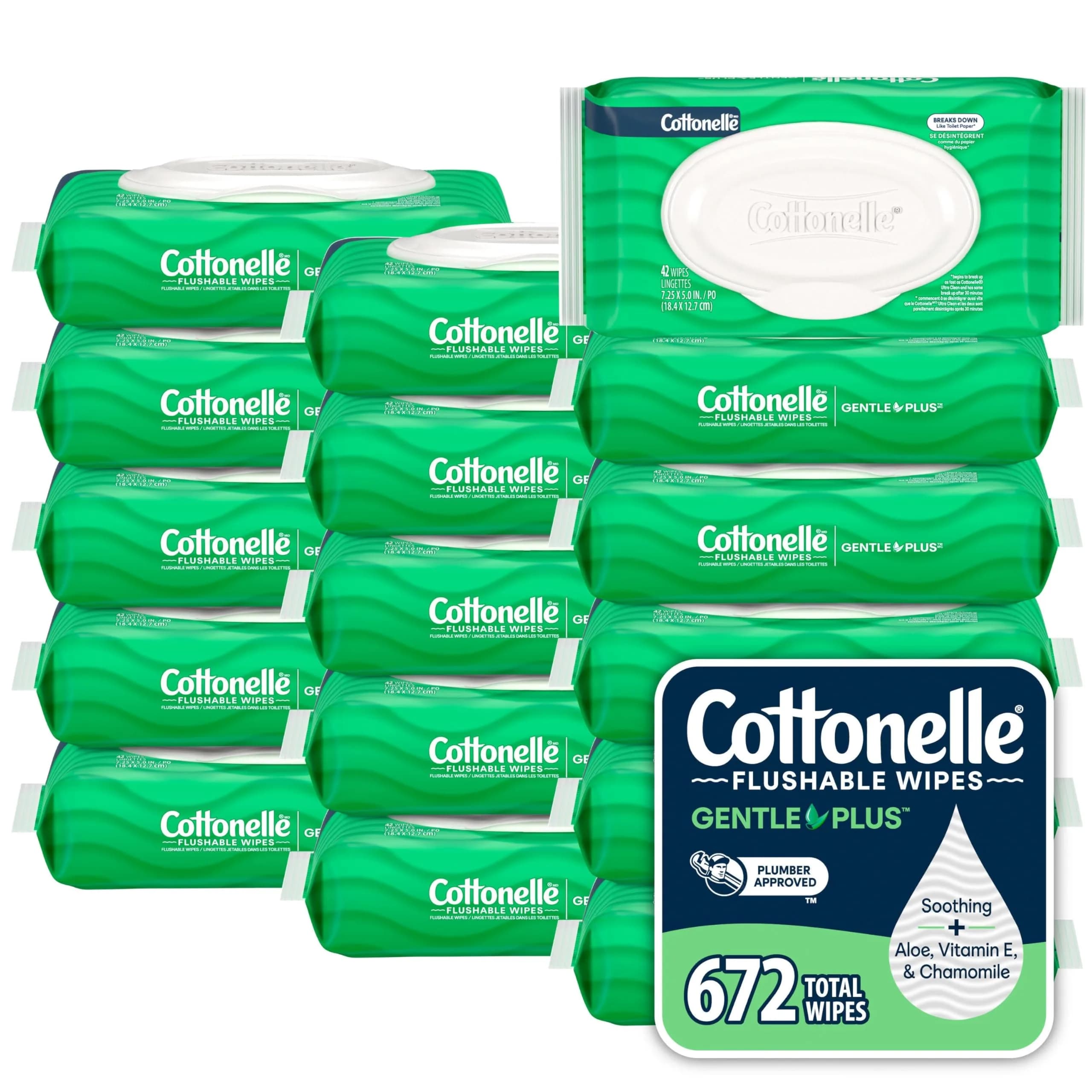 Cottonelle GentlePlus Flushable Wipes 672 Count (16 Packs, 42 Wipes per Pack) | Septic-Safe & Gentle for All Skin Types