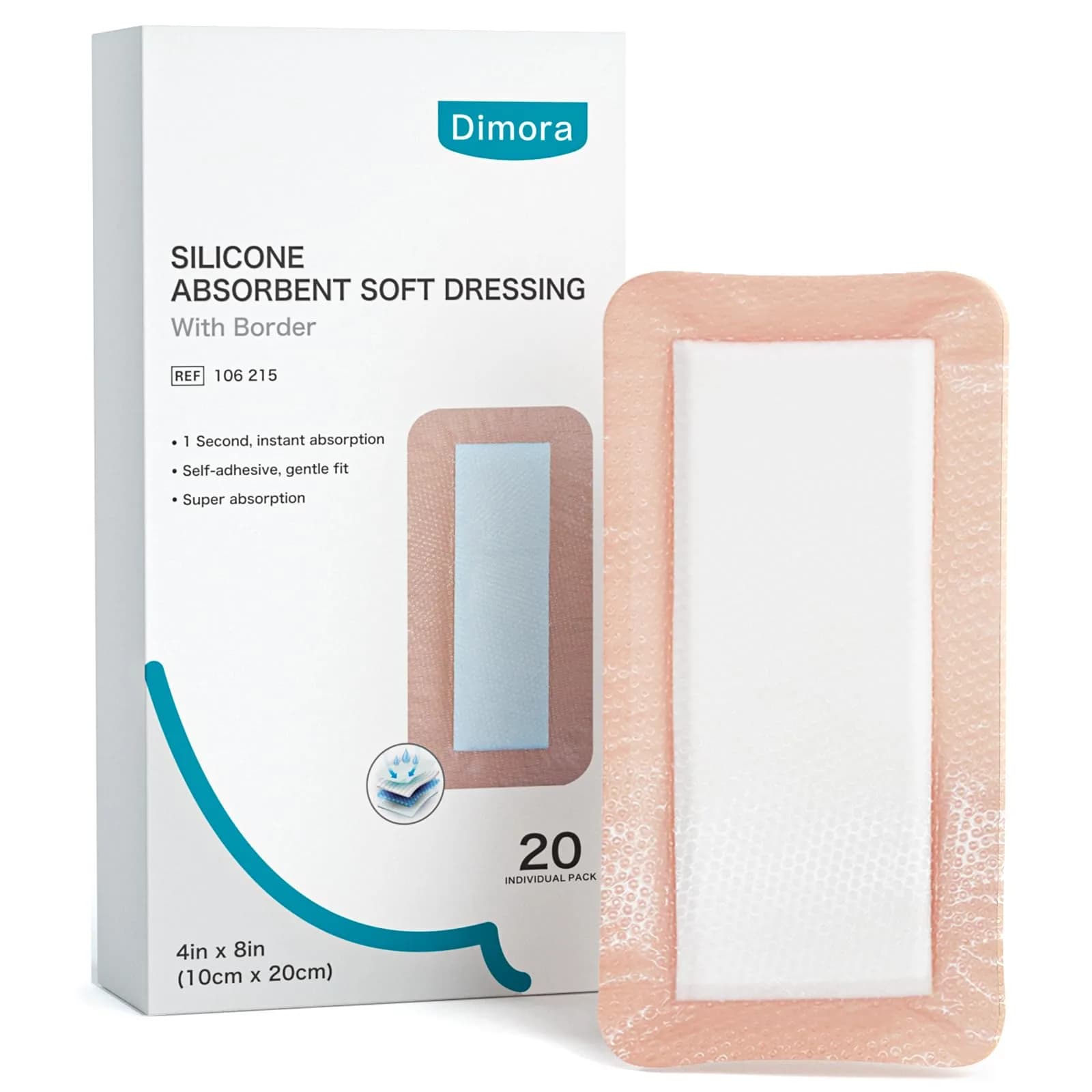Dimora Silicone Super Absorbent Wound Dressing 4"x 8" (20 Count) | Instant Exudate Lock for Ulcers & Surgical Wounds - main product image