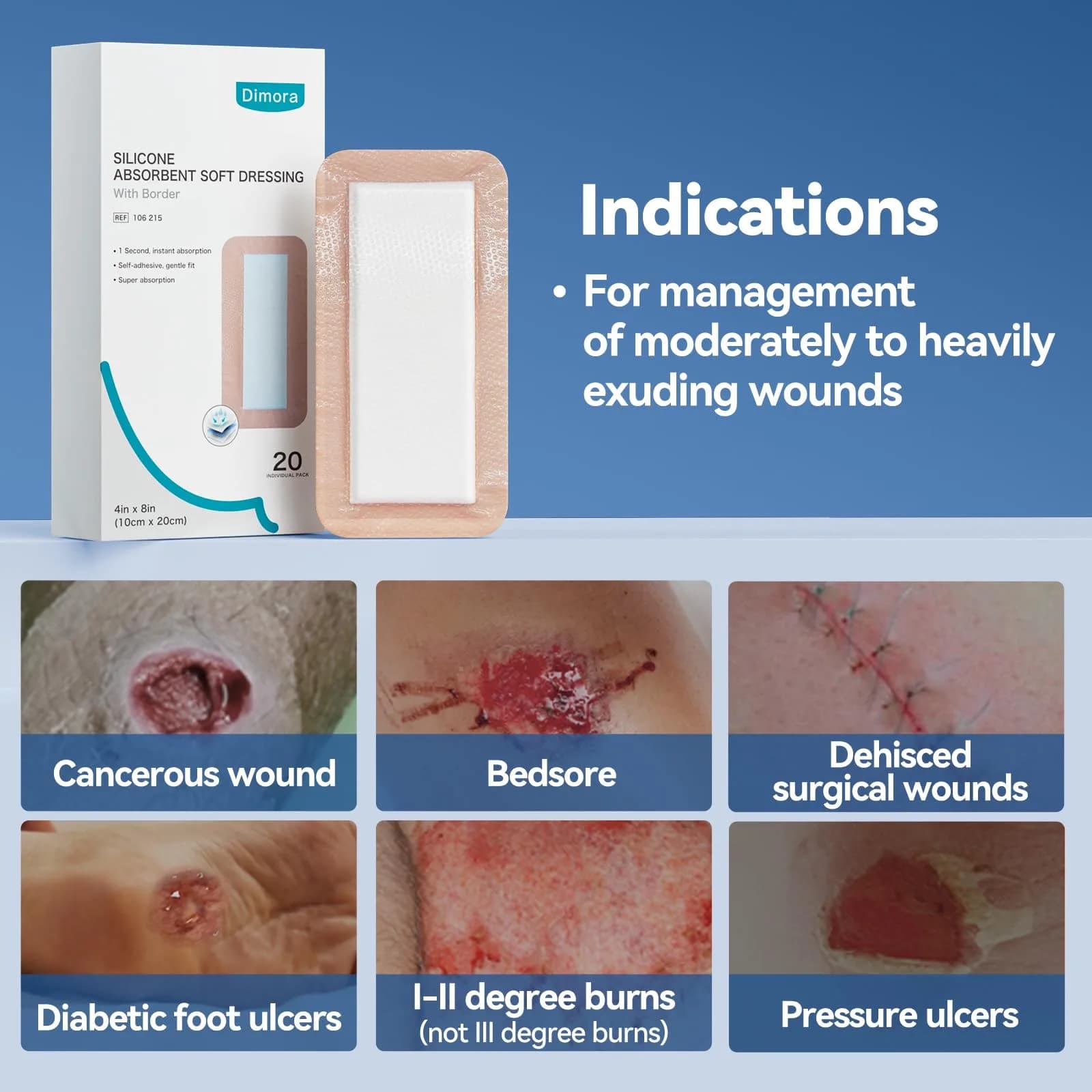 Dimora Silicone Super Absorbent Wound Dressing 4"x 8" (20 Count) | Instant Exudate Lock for Ulcers & Surgical Wounds - view 3