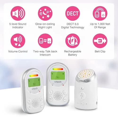 VTech 2 Parent Units Digital Audio Baby Monitor with Night Light | 1000ft Range, Two-Way Talk, Vibrating Alert thumbnail 2