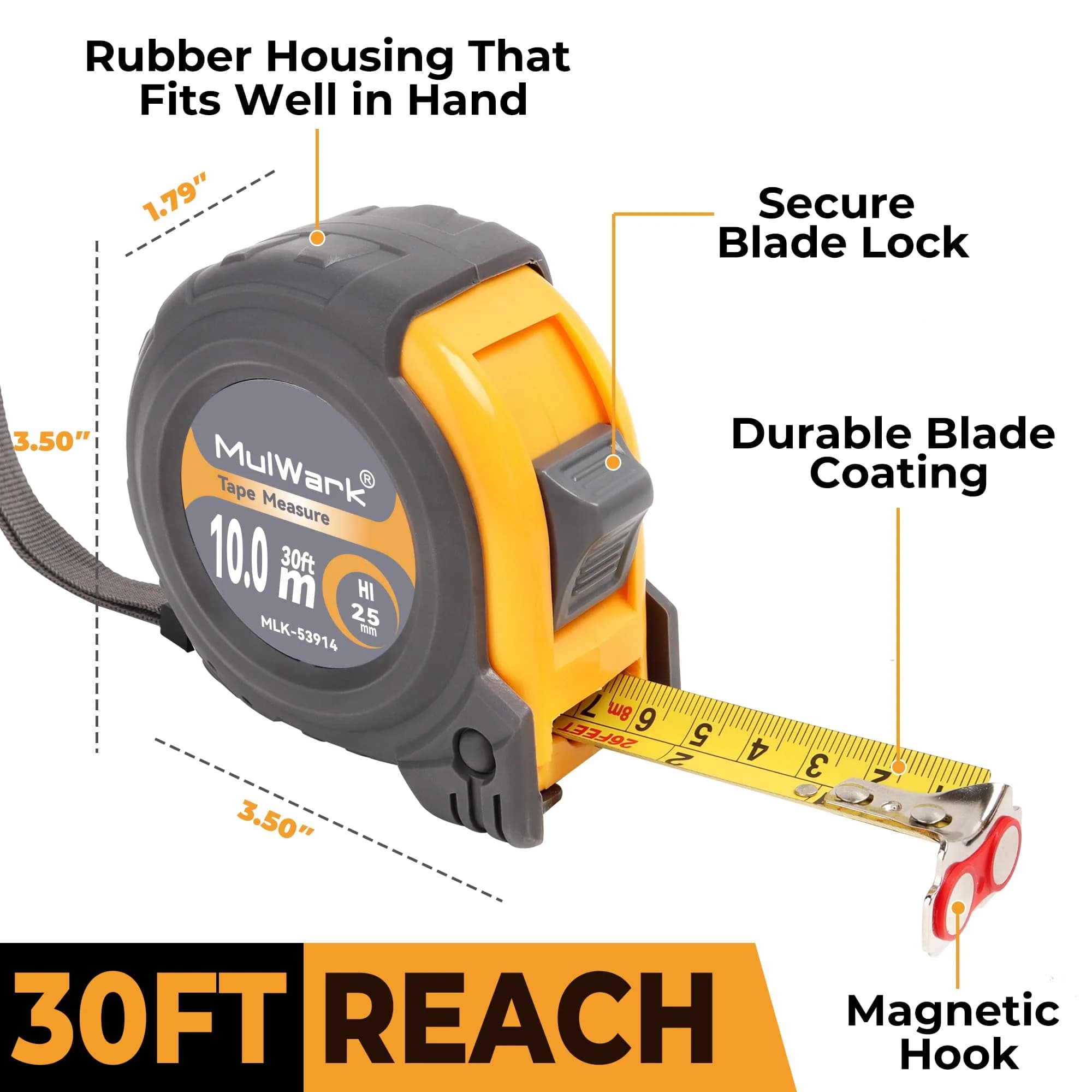MULWARK Yellow-Grey 30 ft Retractable Tape Measure with Magnetic Hook & Shockproof Case - view 2