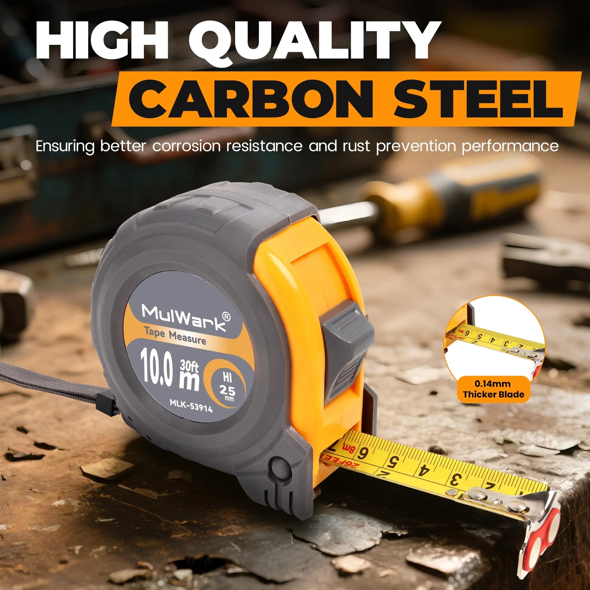 MULWARK Yellow-Grey 30 ft Retractable Tape Measure with Magnetic Hook & Shockproof Case - view 3