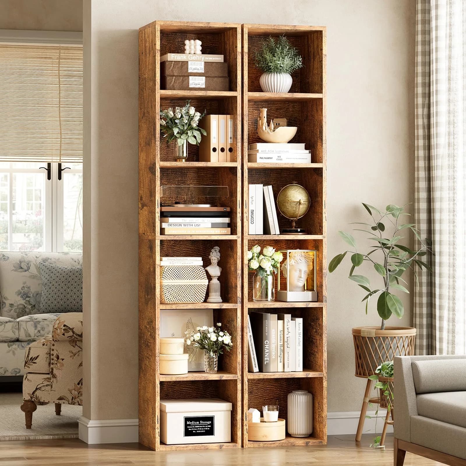 YISUFO Narrow Bookshelf & Bookcase Set of 2 | 6-Tier Floor Standing Open Book Shelf, 71.5" Tall, Brown