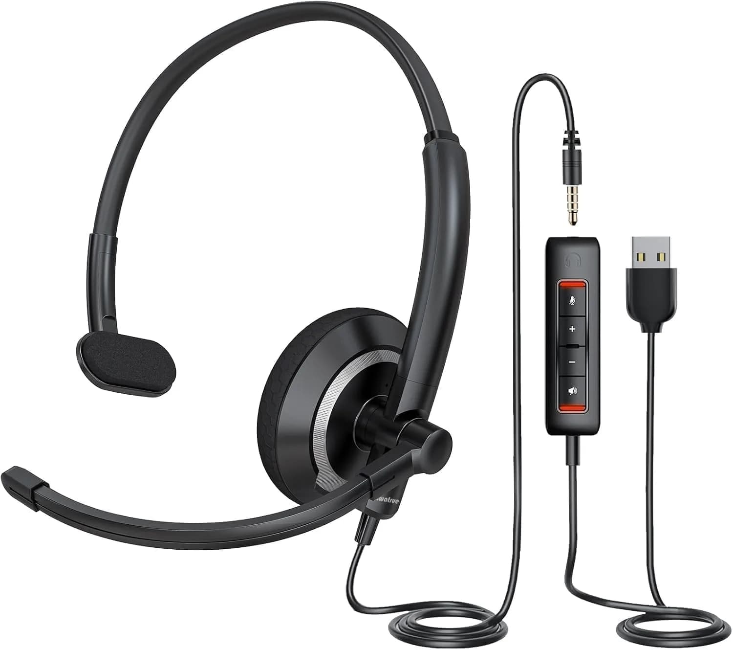 awatrue Single Ear USB Headset with Microphone for PC Lightweight | Dual 3.5mm & USB Connectivity - main product image
