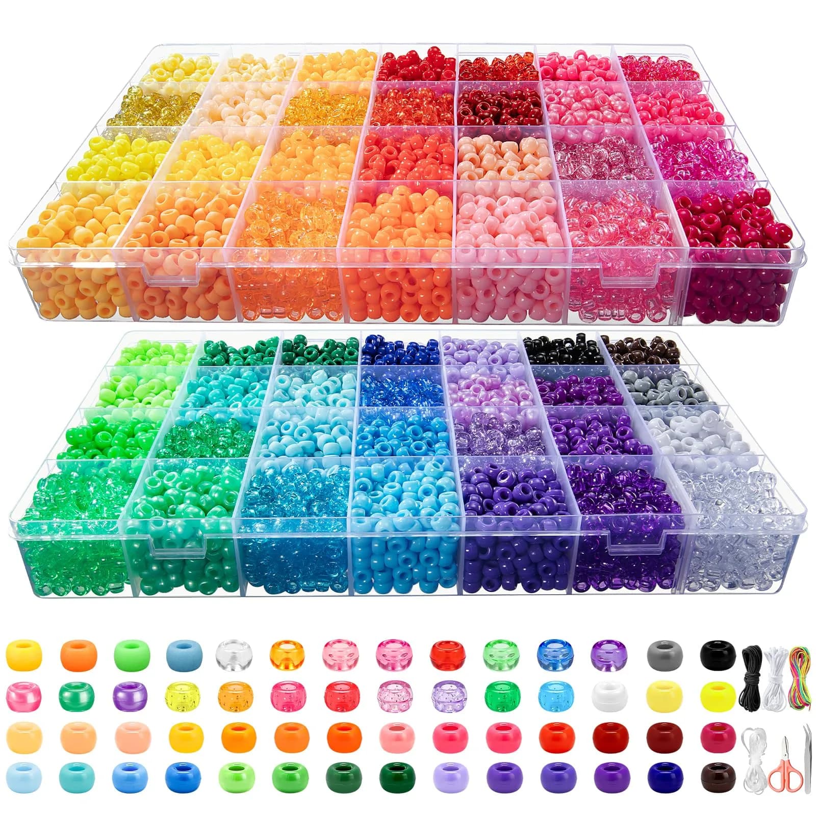 Simetufy 10000Pcs Pony Beads Bulk 6x9mm | 56 Colors, 2.27kg (5.74lb) Barrel Plastic Kandi Beads Kit for Crafts Bracelet Making — 56colors-10080pcs