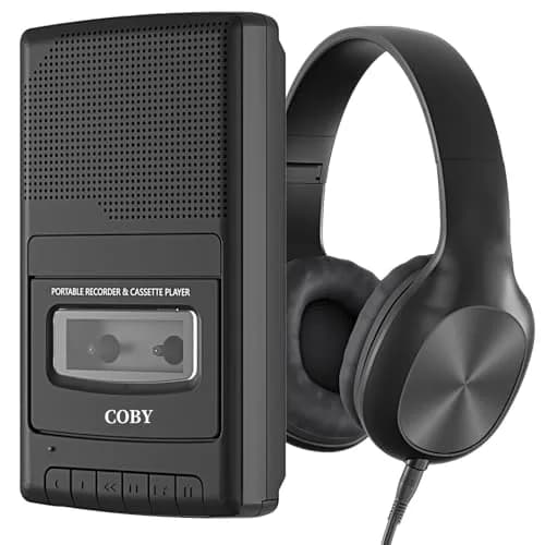 Coby Portable Cassette Player & Recorder with Headphones, Built-in Mic, One-Touch Recording, Black | 25.9cm (10.2in) Wide thumbnail 1