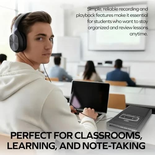 Coby Portable Cassette Player & Recorder with Headphones, Built-in Mic, One-Touch Recording, Black | 25.9cm (10.2in) Wide thumbnail 3
