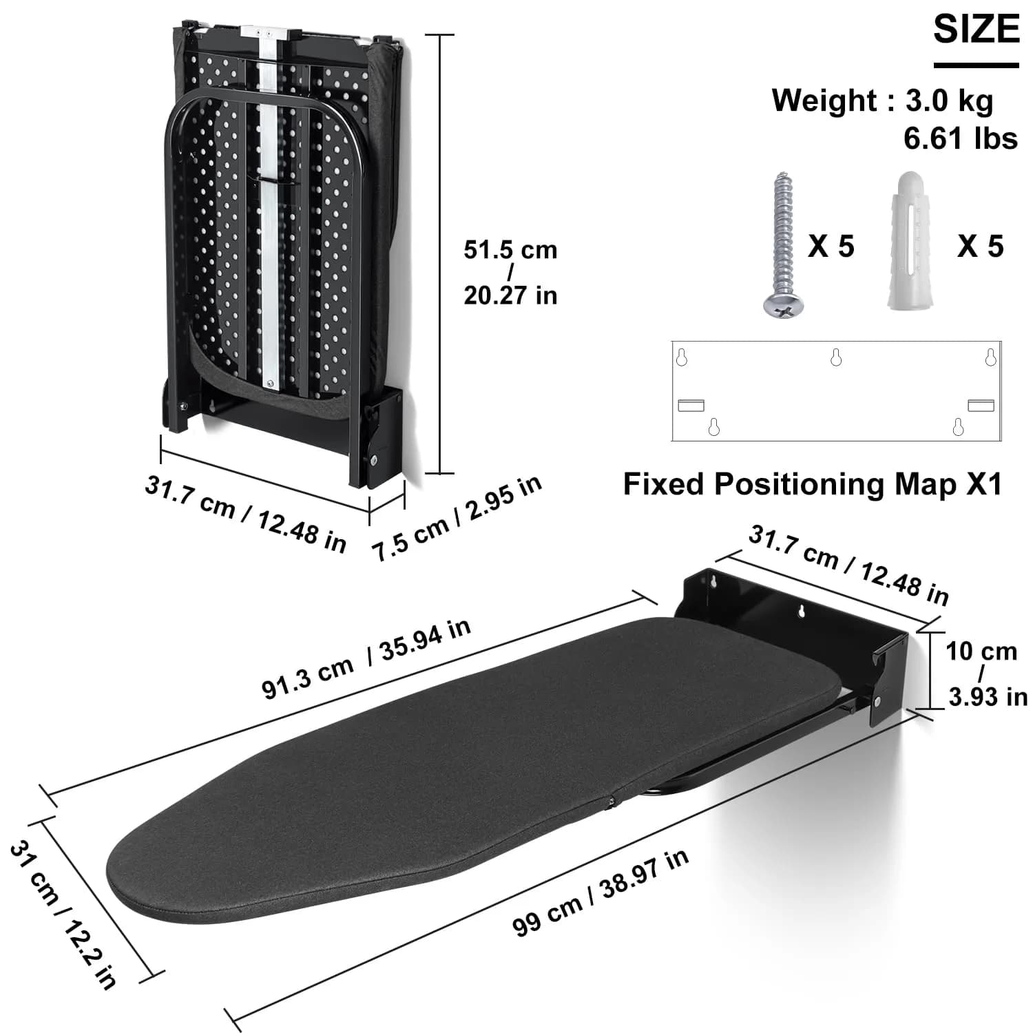 Duwee Wall Mounted Ironing Board 93cm (36") | Space-Saving Foldable Design for Apartments - view 2