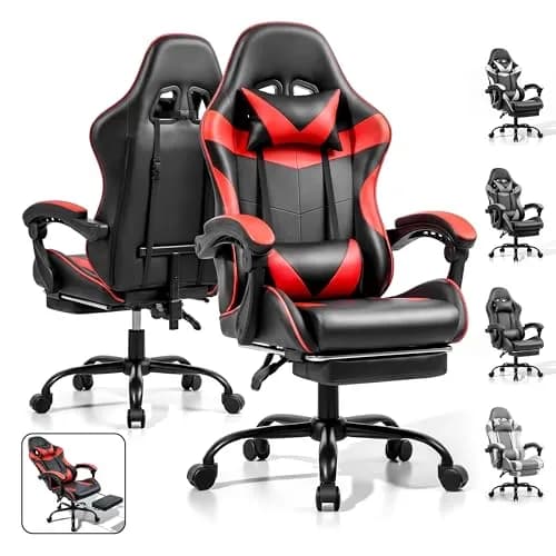 Ray Bear Gaming Chair, Ergonomic Footrest, Lumbar & Headrest (Red Black) | Support for Long Gaming & Work Sessions thumbnail 1