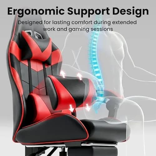 Ray Bear Gaming Chair, Ergonomic Footrest, Lumbar & Headrest (Red Black) | Support for Long Gaming & Work Sessions thumbnail 5
