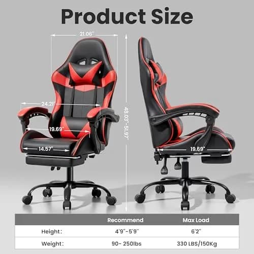 Ray Bear Gaming Chair, Ergonomic Footrest, Lumbar & Headrest (Red Black) | Support for Long Gaming & Work Sessions thumbnail 7