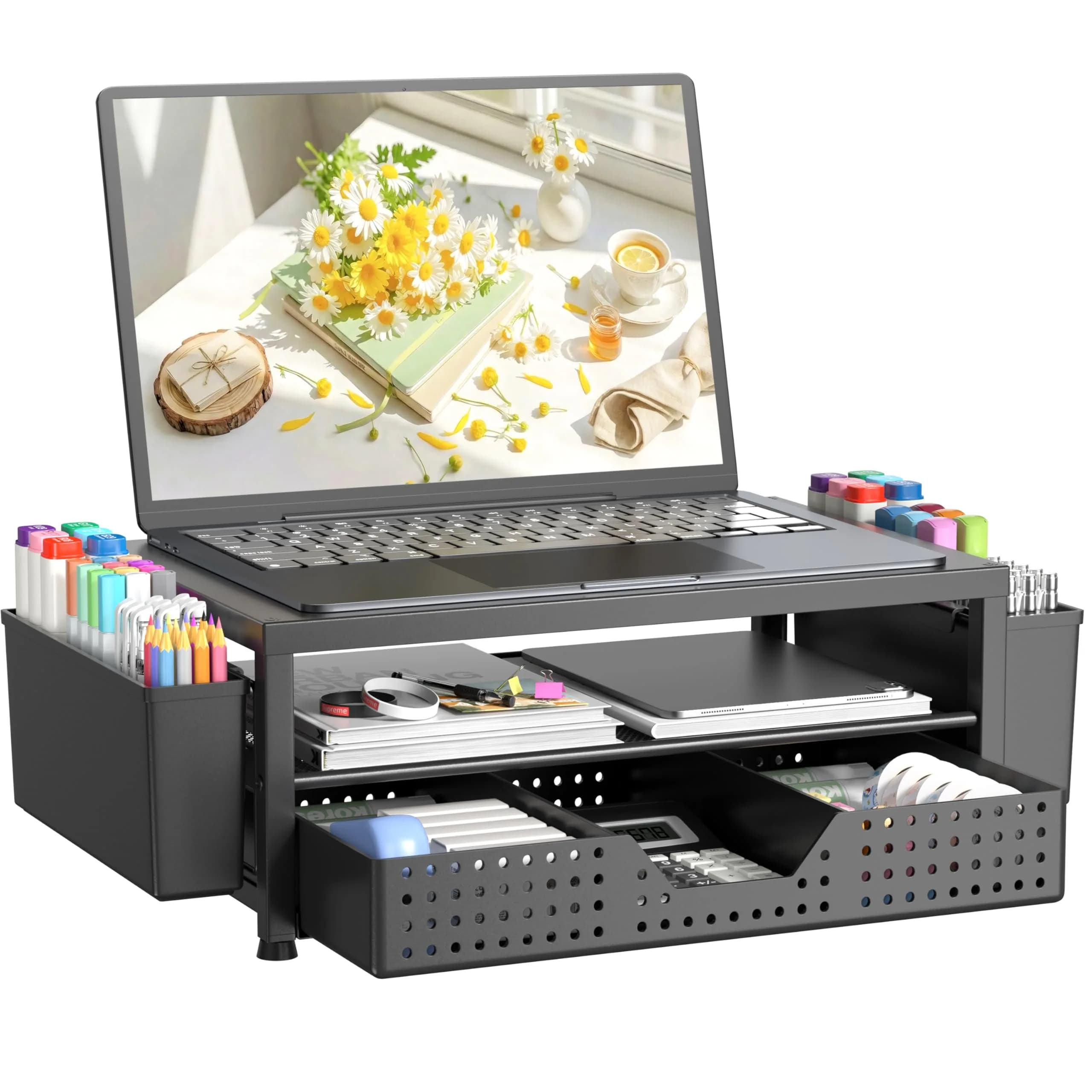 OPNICE 2-Tier Metal Monitor Stand Riser with Drawer & Pen Holders, Black (Single) - main product image