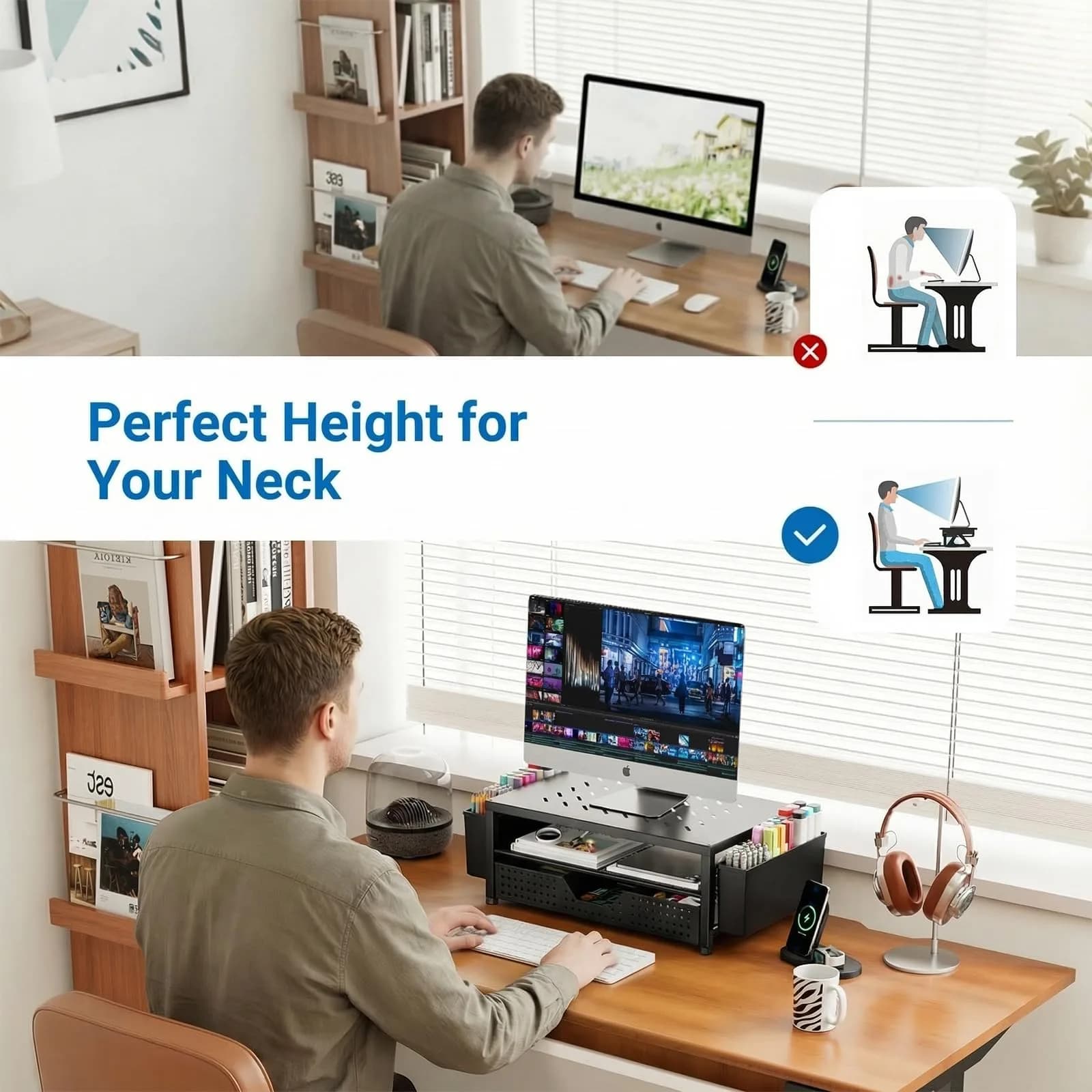 OPNICE 2-Tier Metal Monitor Stand Riser with Drawer & Pen Holders, Black (Single) - view 3