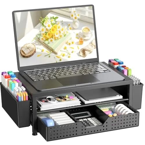 OPNICE 2-Tier Monitor Stand Riser with Drawer and Pen Holders, Laptop Stand, 1.67 kg (3.3 lb), Black-Ventilated | Ergonomic Design for Office Supplies thumbnail 9