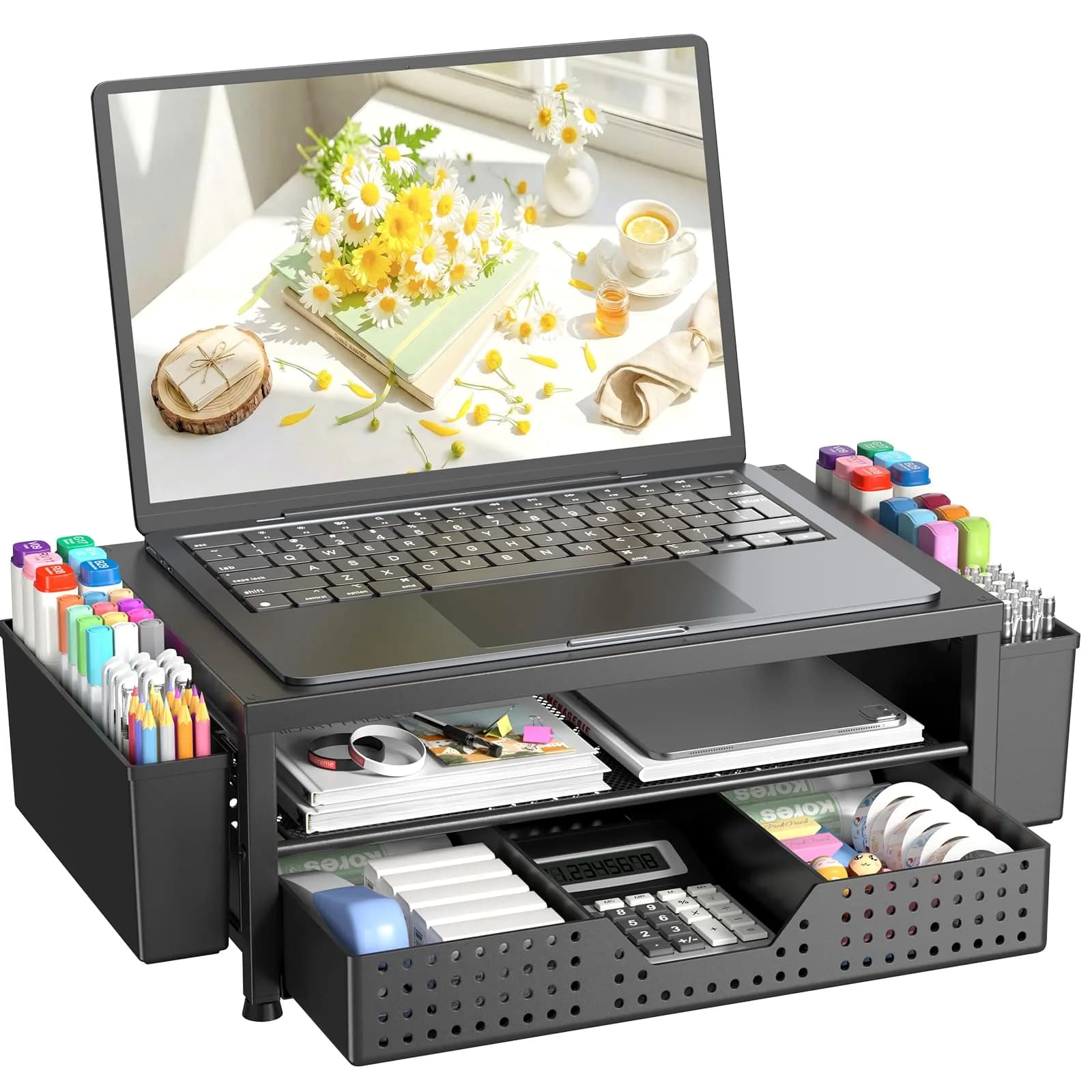 OPNICE 2-Tier Metal Monitor Stand Riser with Drawer & Pen Holders, Black (Single) - view 9