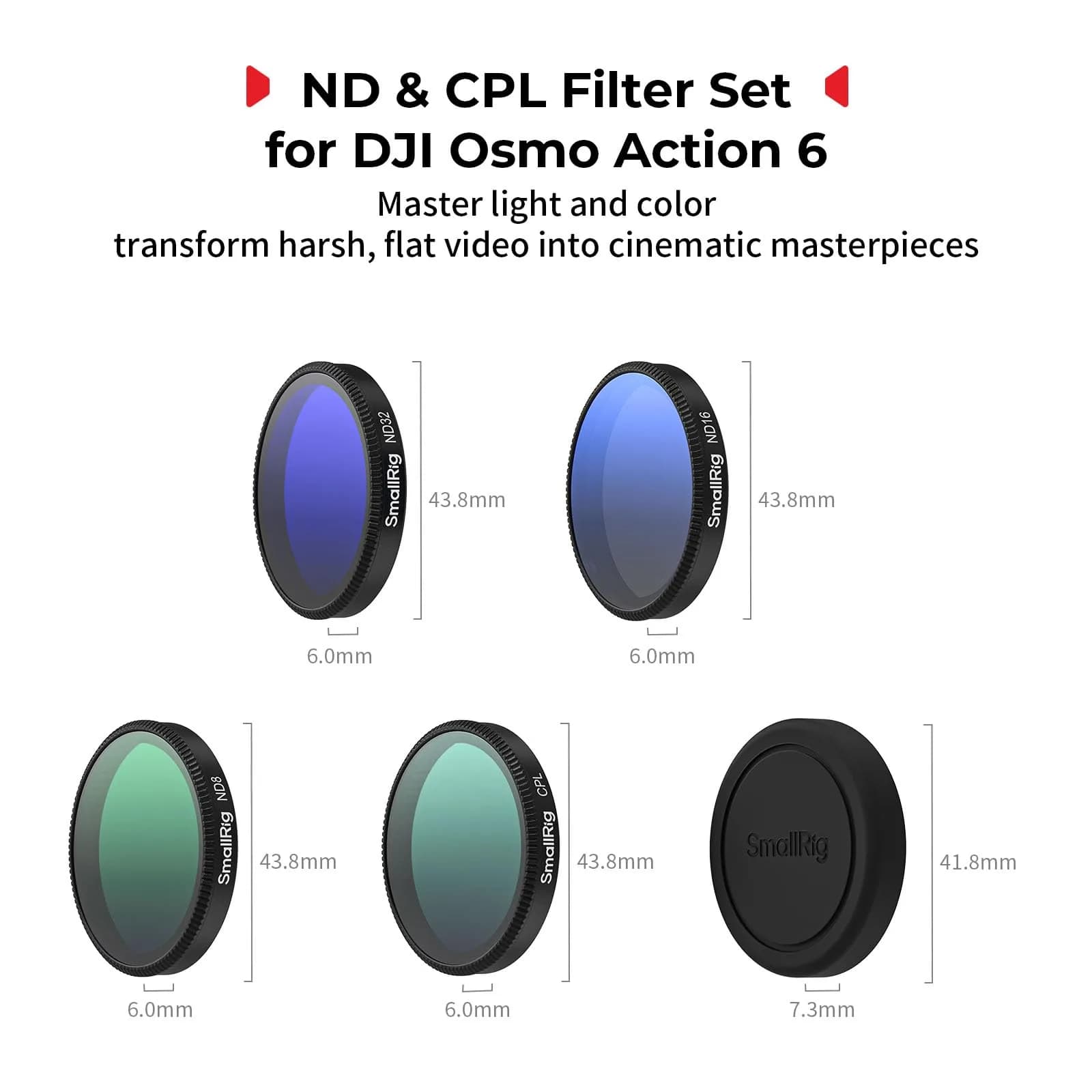 SmallRig ND Filter Kit for DJI Osmo Action 6, CPL ND8 ND16 ND32 Filters & Lens Cover | 43.86mm HD Optical Glass - view 2