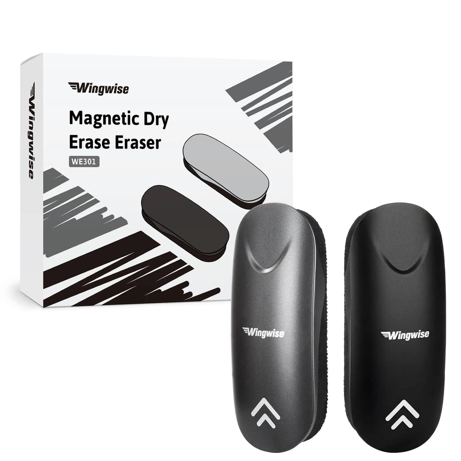 Wingwise Dry Erase Eraser 2-Pack | Magnetic Glass Whiteboard Accessory with Comfortable Grip — Black + Gray