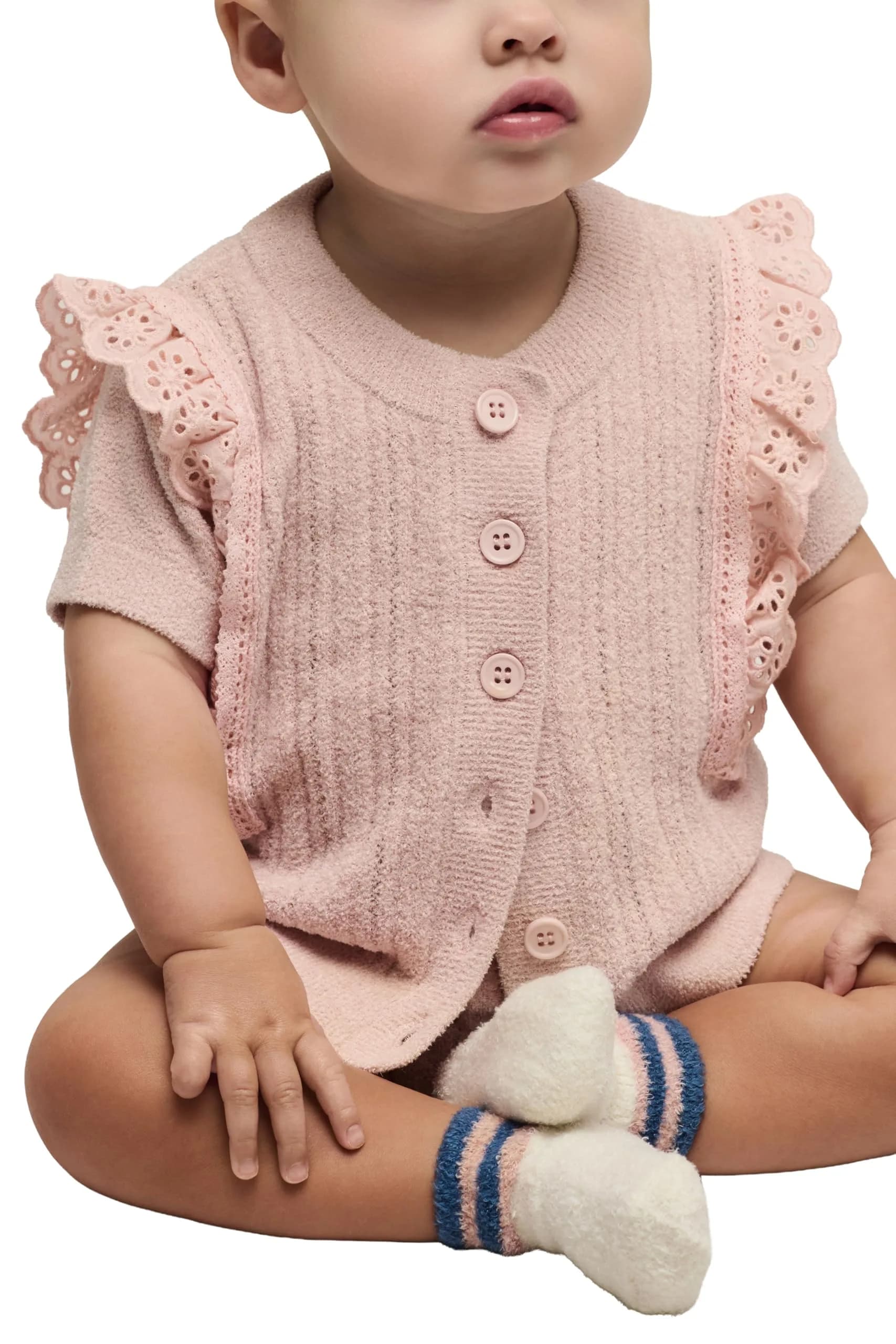Barefoot Dreams CozyChic Ultra Lite Baby Set with Cotton Eyelet Ruffle, Dusty Rose, 6-12 Months | Soft, Luxurious Baby Outfit